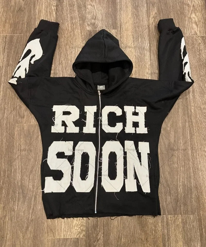 Letter Embroidered Zipper Hoodie