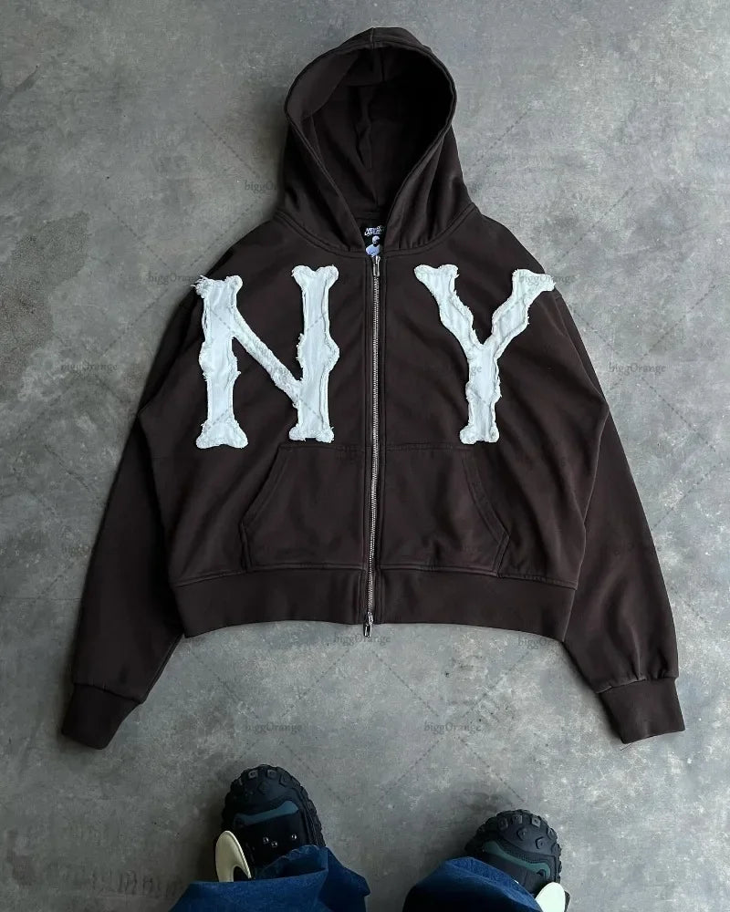 Letter Embroidered Zipper Hoodie