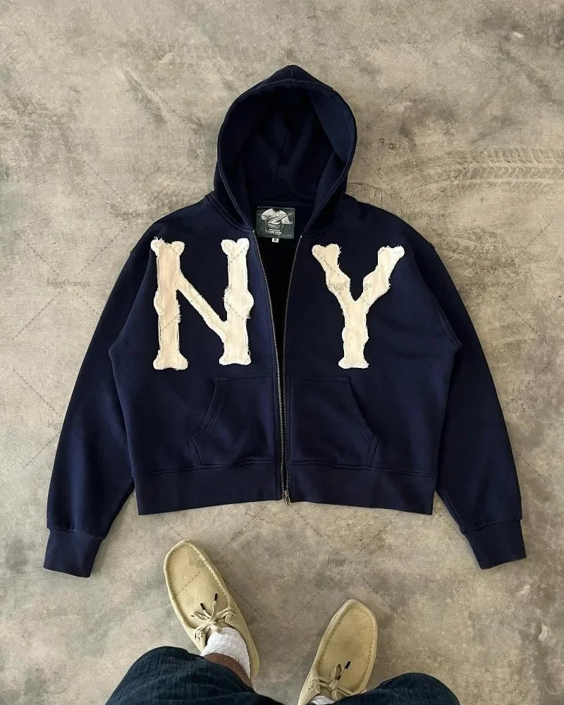 Letter Embroidered Zipper Hoodie