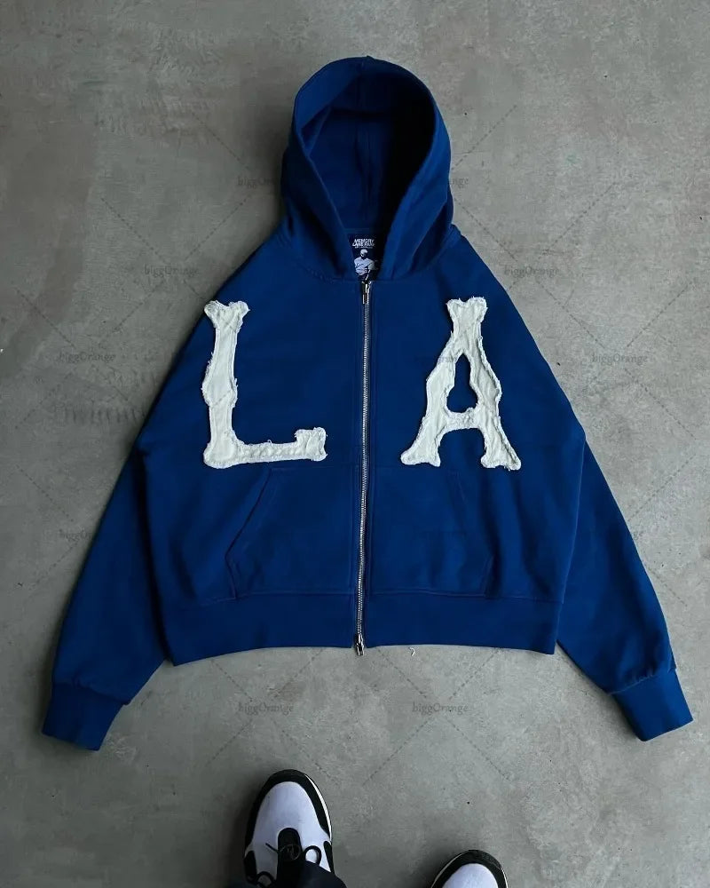 Letter Embroidered Zipper Hoodie